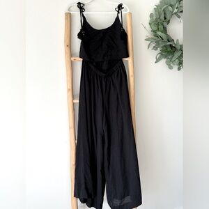 Free People Boho Beach Wide Leg Cotton Blend Crop Top Tie Strap Jumpsuit Black S
